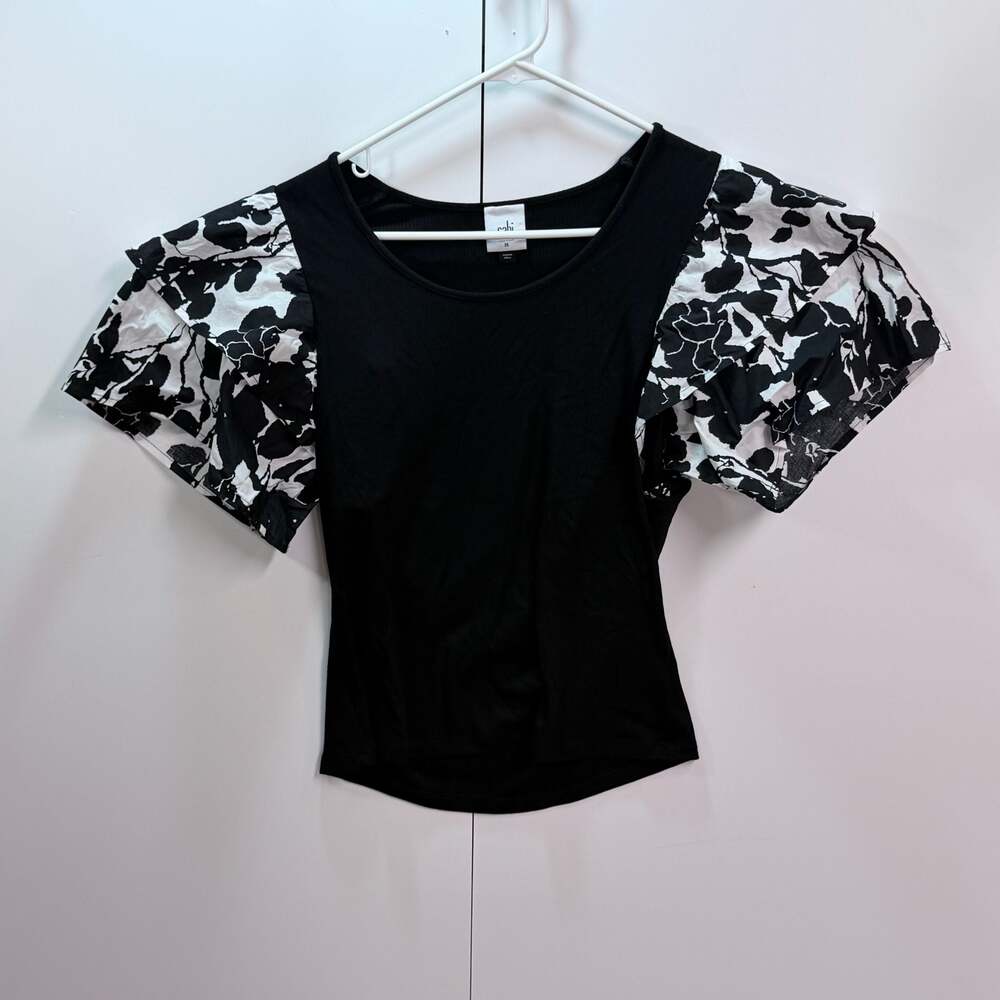 Cabi Black Ribbed Knit Top with Floral Puff Sleeves